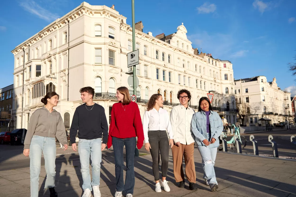 Some of our English language course participants in Brighton, walking away from the English language centre towards the beach, which is only a few minutes away.