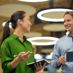 A photo of two professionals in a working environment. The female coworker is smiling at her male counterpart. She's wearing a green blouse and he's got a blue shirt on. The photo is angled upwards so you can see some very striking circular lighting fixtures. A very fancy place to work.
